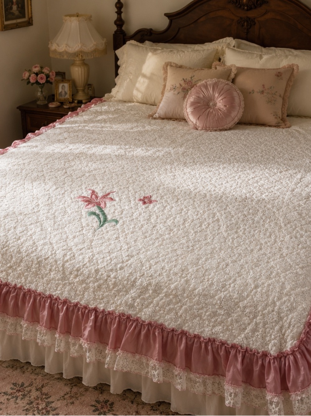 Vintage Pink Trim White Lace Quilted Bedspread with Floral Embroidery